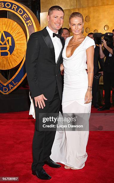 Michael Clarke and partner Lara Bingle arrive at the 2010 Allan Border Medal at Crown Casino on February 15, 2010 in Melbourne, Australia.