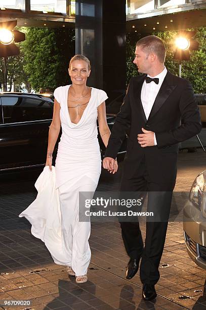 Michael Clarke and partner Lara Bingle arrive at the 2010 Allan Border Medal at Crown Casino on February 15, 2010 in Melbourne, Australia.