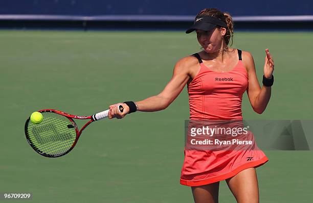 Shahar Peer of Israel hits a forehand during her first round match against Yanina Wickmayer of Belgium during day two of the WTA Barclays Dubai...