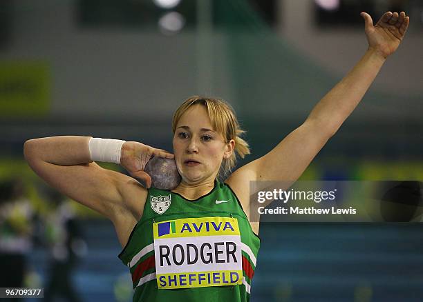 Alison Rodger of Sale in action during the Womens Shot Putt Final during the first day of the AVIVA World Trials and UK Championships at the EIS on...