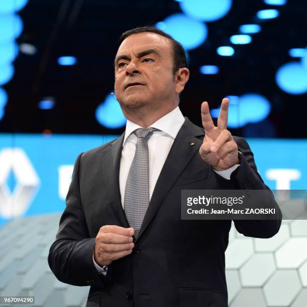 Carlos Ghosn, industriel franco-libano-bresilien président-directeur général du groupe Renault et de Nissan, pendant le Mondial de l'Automobile, a...