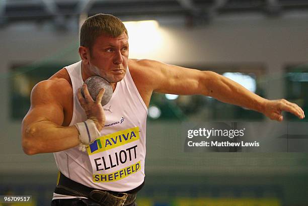 Neil Elliott of Border in action during the Mens Shot Put Final during the second day of the AVIVA World Trials and UK Championship at EIS on...