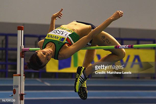 Adele Lassu of Sale in action during the Womens High Jump Final during the first day of the AVIVA World Trials and UK Championships at the EIS on...
