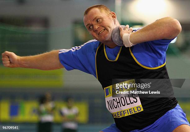 John Nicholls of Sale in action during the Mens Shot Put Final during the second day of the AVIVA World Trials and UK Championship at EIS on February...