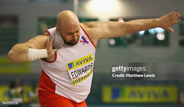 Mark Edwards of Birchfield in action during the Mens Shot Put Final during the second day of the AVIVA World Trials and UK Championship at EIS on...