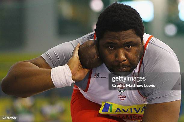 Jamie Williamson of Sheffield in action during the Mens Shot Put Final during the second day of the AVIVA World Trials and UK Championship at EIS on...