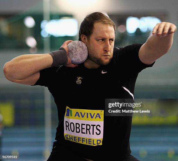 Ben Roberts of Birchfield in action during the Mens Shot Put Final during the second day of the AVIVA World Trials and UK Championship at EIS on...