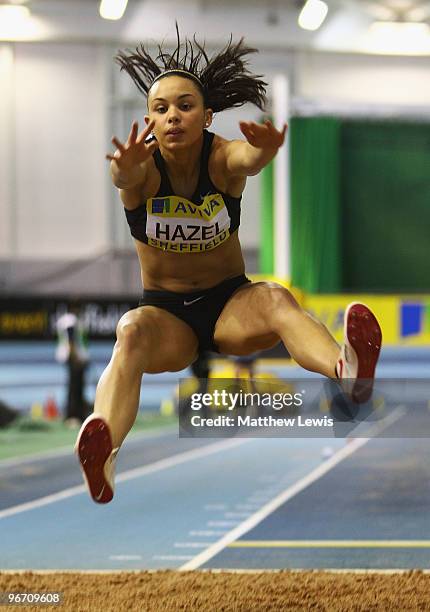 Louise Hazel of Birchfield in action during the Womens Long Jump Final during the second day of the AVIVA World Trials and UK Championship at EIS on...