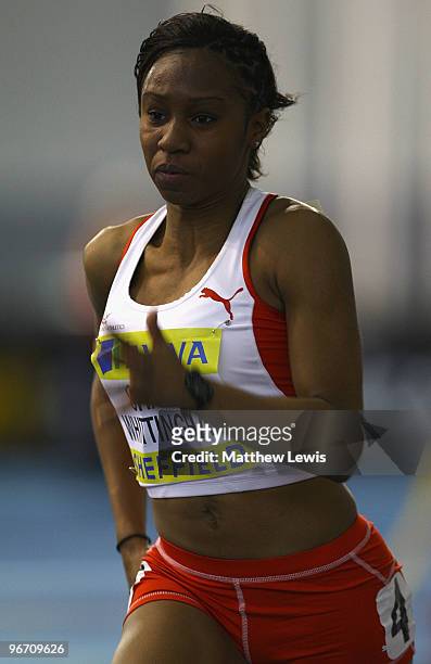 Anike Shand Whittingham of Blackheath in action during the Womens 60m final during the first day of the AVIVA World Trials and UK Championships at...