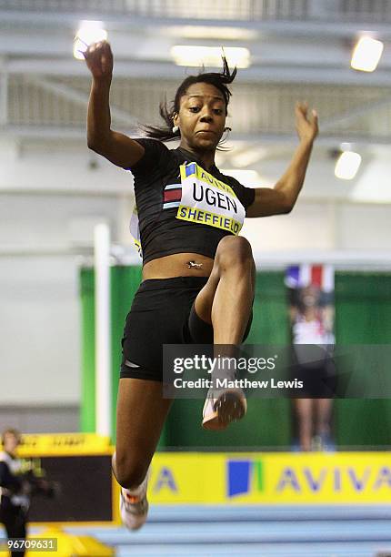 Lorraine Ugen of Blackheath in action during the Womens Long Jump Final during the second day of the AVIVA World Trials and UK Championship at EIS on...