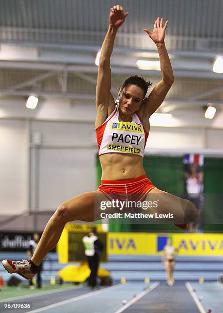 Jennifer Pacey of Hounslow in action during the Womens Long Jump Final during the second day of the AVIVA World Trials and UK Championship at EIS on...