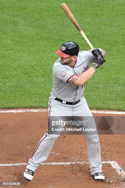 Matt Adams of the Washington Nationals prepares for a pitch during a baseball game against the Baltimore Orioles at Oriole Park at Camden Yards on...