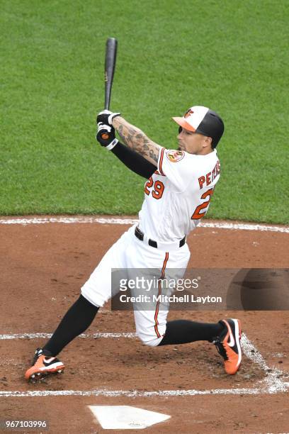 Jace Peterson of the Baltimore Orioles takes a swing during a baseball game against the Washington Nationals at Oriole Park at Camden Yards on May...