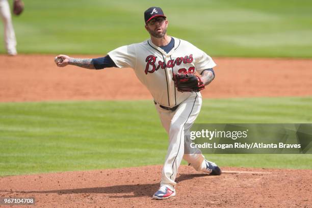 Peter Moylan of the Atlanta Braves pitches against the Miami Marlins at SunTrust Park on May 20 in Atlanta, Georgia. The Braves won on a walk off...