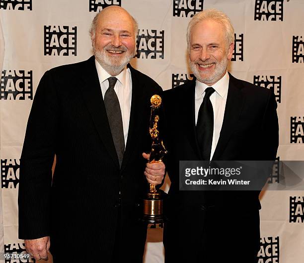 Director Rob Reiner poses with his Golden Eddie Award with actor Christopher Guest at the 60th Annual ACE Eddie Awards at the Beverly Hilton Hotel on...