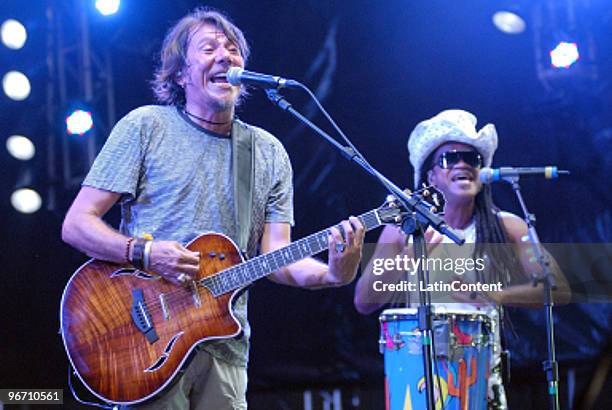 Lenine and Carlinhos Brown perform with Arnaldo Antunes during Carnival in Recife at Marco Zero on February 13, 2010 in Recife, Brazil.