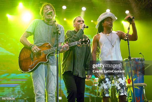 Lenine , Carlinhos Brown and Arnaldo Antunes perform during Carnival in Recife at Marco Zero on February 13, 2010 in Recife, Brazil.