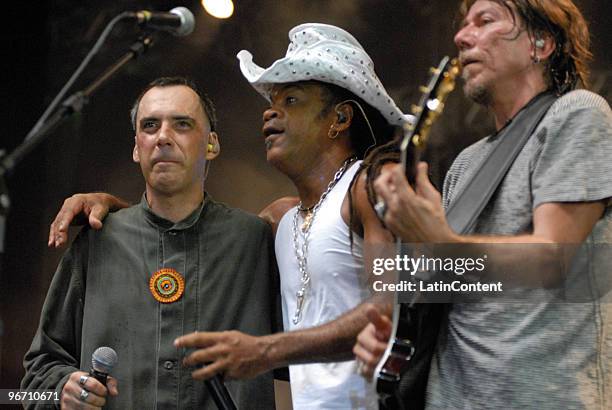 Lenine , Carlinhos Brown and Arnaldo Antunes perform during Carnival in Recife at Marco Zero on February 13, 2010 in Recife, Brazil.