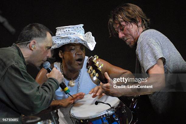 Lenine , Carlinhos Brown and Arnaldo Antunes perform during Carnival in Recife at Marco Zero on February 13, 2010 in Recife, Brazil.