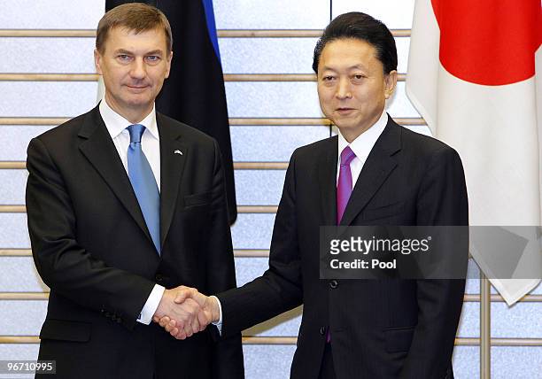 Estonia's Prime Minister Andrus Ansip shakes hands with Japanese Prime Minister Yukio Hatoyama at the official residence before their bilateral talk...