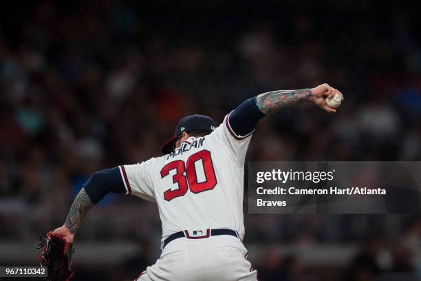 Peter Moylan of the Atlanta Braves pitches during the game against the Miami Marlins at SunTrust Park on May 18 in Atlanta, Georgia. The Marlins won...