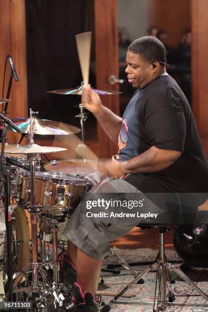 Drummer Aaron Spears plays, wearing in-ear earphones, during the taping of his instructional DVD 'Beyond The Chops' on May 28th, 2009 in Englewood,...