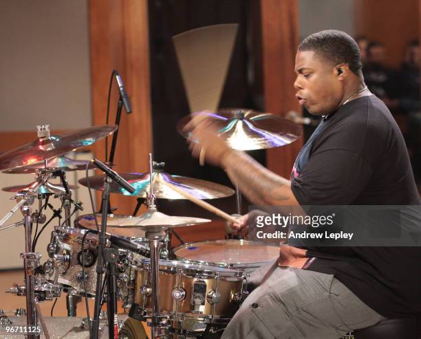Drummer Aaron Spears plays, wearing in-ear earphones, during the taping of his instructional DVD 'Beyond The Chops' on May 28th, 2009 in Englewood,...