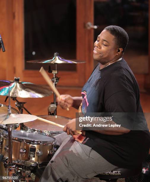 Drummer Aaron Spears plays, wearing in-ear earphones, during the taping of his instructional DVD 'Beyond The Chops' on May 28th, 2009 in Englewood,...