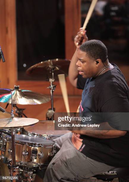 Drummer Aaron Spears plays, wearing in-ear earphones, during the taping of his instructional DVD 'Beyond The Chops' on May 28th, 2009 in Englewood,...