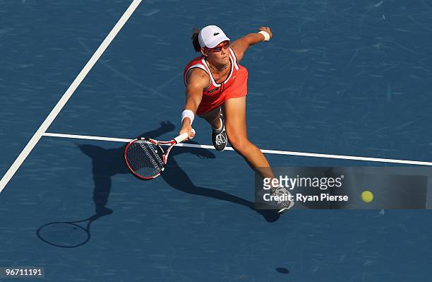 Samantha Stosur of Australia plays a volley during her first round match against Tathiana Garbin of Italy during day two of the WTA Barclays Dubai...