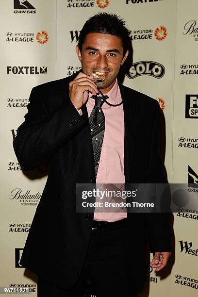 Carlos Hernandez poses with the Johnny Warren Medal award during the 2010 A-League Awards at The Ivy on February 15, 2010 in Sydney, Australia.