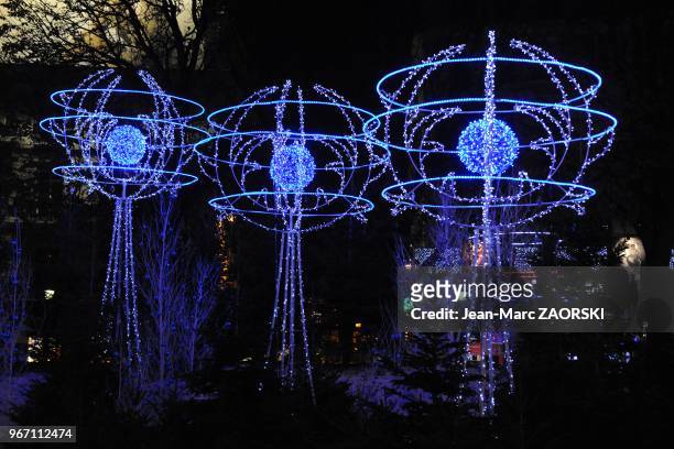 Christmas lights used for decoration of the Rond-Point des Champs-Elysees in Paris, inaugurated the day before by Bertrand Delanoe, mayor of Paris,...