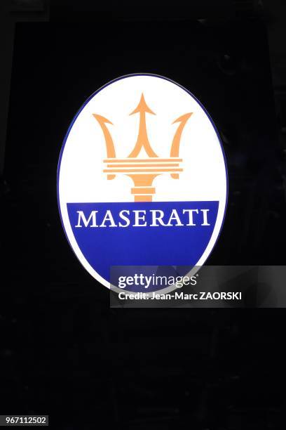 Logo of Maserati at the Paris Motor Show, in Paris in France on September 27, 2012.