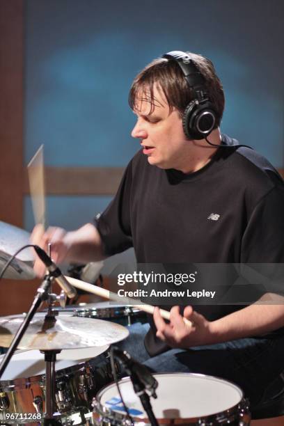 Drummer Keith Carlock plays, wearing headphones, during the taping of his instructional DVD 'The Big Picture' on April 10th, 2009 in Englewood, New...