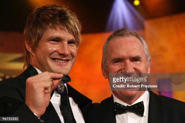 Shane Watson poses with Allan Border after winning the Allan Border Medal during the 2010 Allan Border Medal at Crown Casino on February 15, 2010 in...