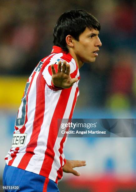 Sergio Aguero of Atletico Madrid gestures during the La Liga match between Atletico Madrid and Barcelona at Vicente Calderon Stadium on February 14,...