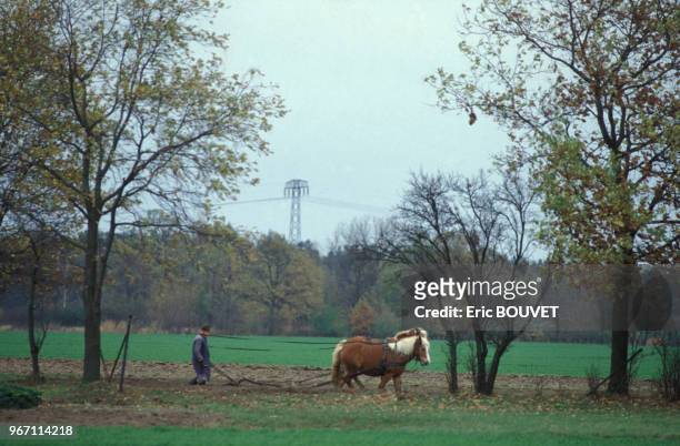 Un agriculteur labourant son champ en Allemagne de l'Est après la chute du mur le 15 novembre 1989.