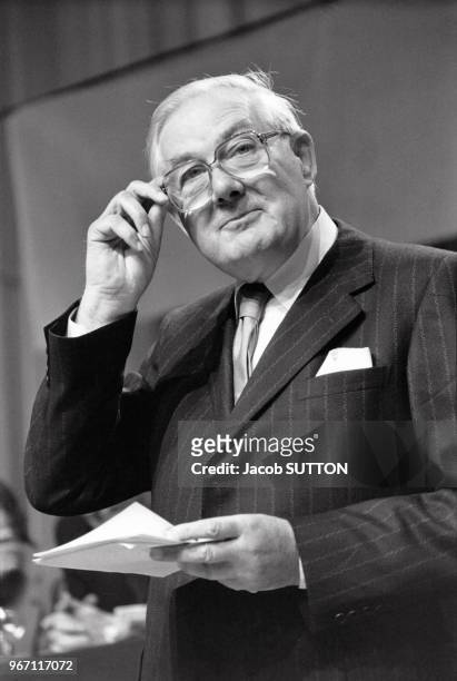 James Callaghan lors d'une réunion du Parti travailliste à Londres le 31 mai 1980, Royaume-Uni.