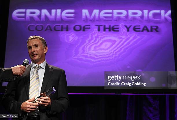 Ernie Merrick wins award for Coach of the Year during the 2010 A-League Awards at The Ivy Ballroom on February 15, 2010 in Sydney, Australia.