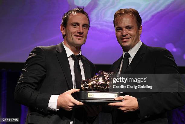 Mark Bosnich presents Eugene Galekovic his award for Goalkeeper of the Year during the 2010 A-League Awards at The Ivy Ballroom on February 15, 2010...