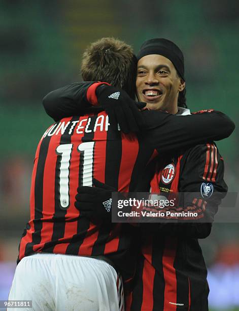 Klas Jan Huntelaar of AC Milan celebrates his second goal with Ronaldo de Assis Moreira Gaucho Ronaldinho during the Serie A match between AC Milan...