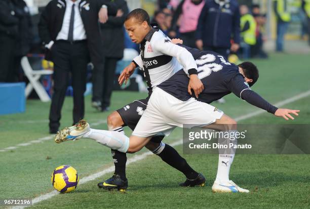 Jonathan Biabiany of Parma competes with Stefan Radu of Lazio during the Serie A match between Parma FC and SS Lazio at Stadio Ennio Tardini on...