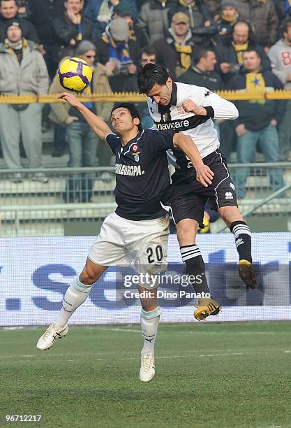 Christian Panucci of Parma competes in the air with Sergio Floccari of Lazio during the Serie A match between Parma FC and SS Lazio at Stadio Ennio...