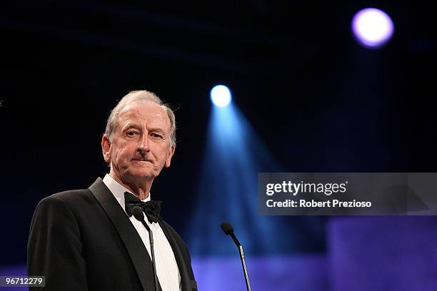 Bill Lawry speaks after being inducted into Hall of Fame during the 2010 Allan Border Medal at Crown Casino on February 15, 2010 in Melbourne,...