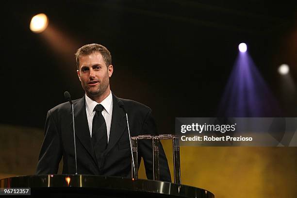 Simon Katich speaks after winning Test Cricketer of the year during the 2010 Allan Border Medal at Crown Casino on February 15, 2010 in Melbourne,...