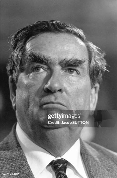 Portrait de Denis Healey, lors du congrès du parti travailliste, le 30 septembre 1980 à Blackpool, Royaume-Uni.