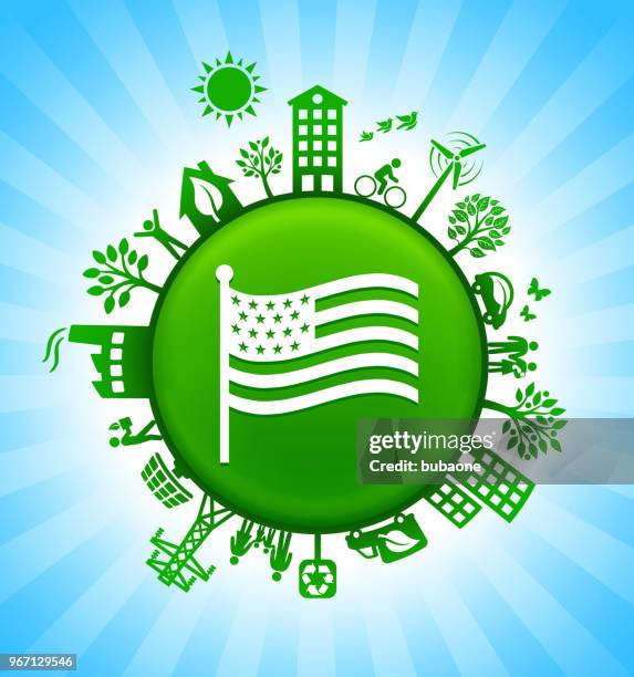 american flag environment green button background on blue sky - baby waving stock illustrations