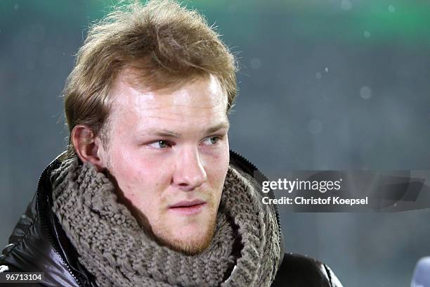 Tobias Levels of Gladbach is seen prior to the Bundesliga match between Borussia Moenchengladbach and 1. FC Nuernberg at Borussia Park on February...