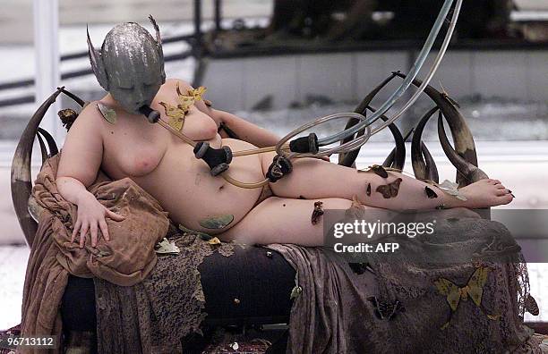 Model presents a fantastic creation by Alexander Mcqueen for the Spring/Summer collection at London fashion week in London 26 September 2000.