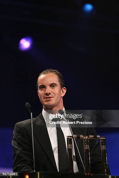 Michael Klinger speaks after winning the State Player of the year award during the 2010 Allan Border Medal at Crown Casino on February 15, 2010 in...